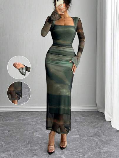 Rafferiza Long Sleeve, Split Cuff, Drawcord Waist, U-Neck, Mesh Abstract Print Fitted Dress For Women Maxi Women Outfit Fall Cloth For Women