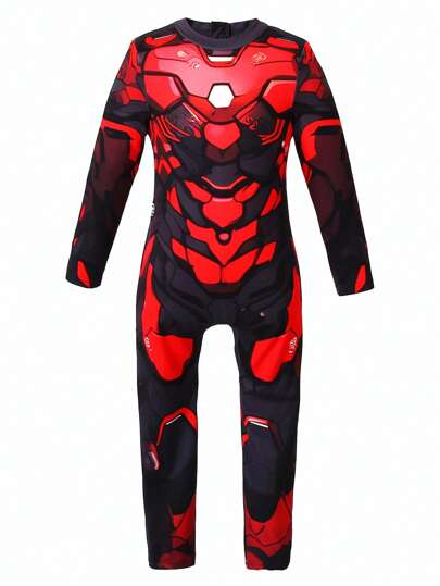SHEIN Young Boys Cool Robot Print Long Sleeve & Pants Costume Jumpsuit, Comfortable Summer Outfit For Getaway, Holiday, Travel, Relax, Sunbathing