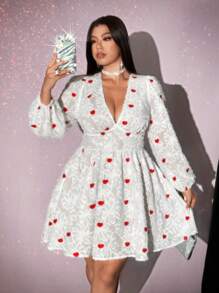 Viva Relle Váy ngắn thường ngày họa tiết trái tim cổ chữ V dài tay cỡ lớn, ngày lễ tình nhân - trắng - Xem 2