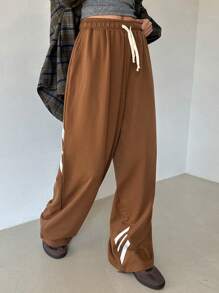 DAZY Contrast Color Drawstring Loose Wide Leg Pants, Women's Casual Sweatpants, Spring Women Joggers - Brown - View 5