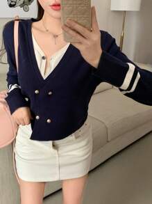 DAZY 1pc Women Contrast Color Splicing Front Button Design Long Sleeve Casual Top, Daily Wear,Fall Clothes Women Sweater - Navy Blue - View 1