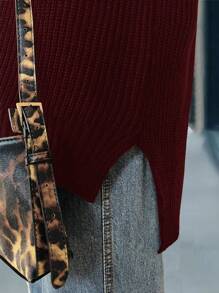 EMERY ROSE Áo len dệt kim đơn giản không tay màu trơn cỡ lớn, mặc thường ngày, cho Lễ Tạ ơn - Màu Đỏ Sâu - Xem 7