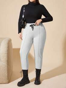 RueChic Plus Size Casual & Versatile Solid Color Slim Fit Pants - Light Grey - View 3