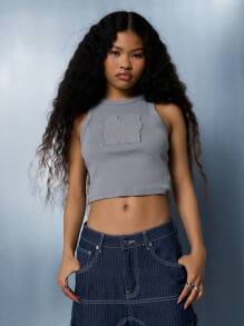 SUMWON WOMEN Ribbed Crop Tank Top Applique Embroidered Summer Sleeveless Casual Vest Top Festival Beach Streetwear - Light Grey - View 1