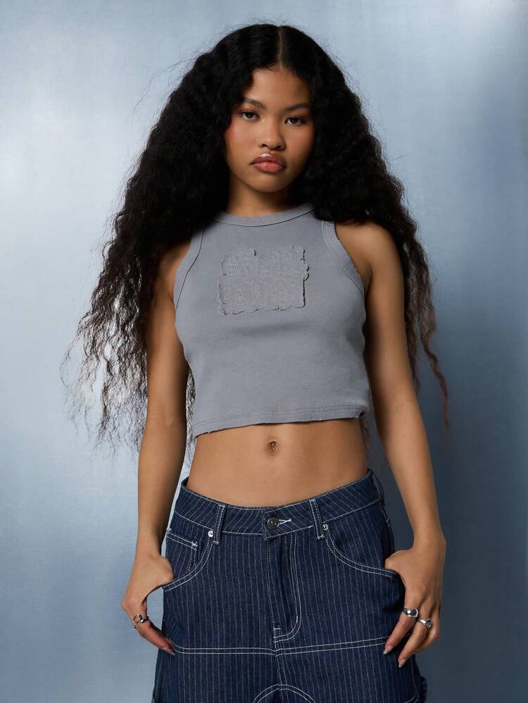 SUMWON WOMEN Ribbed Crop Tank Top With Applique Embroidery