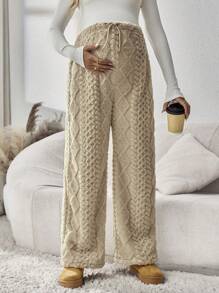 SHEIN Pregnant Women's Casual Solid Color Fleece Drawstring Waist Pants, Winter