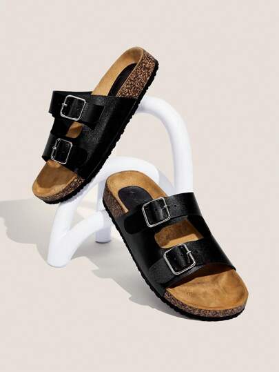 Solecia Damenschuhe mit Doppelschnallen Dekor, flache coole Outdoor Schwarz Fußbett Slipper für Sommerurlaub, Sommerschlussverkauf, Birkenstocks Schulanfang Schuhe, Studentenschuhe, Weihnachten, Herbst, Neujahr Ferien