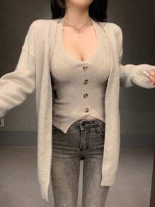 DAZY Set de 2 chaquetas de punto sin mangas de unicolor para mujer, ropa de otoño