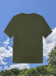 SHEIN EZwear 圣诞节休闲简约手绘圣诞树图案圆领短袖宽松女式T恤，适合夏季 - 軍綠色 - 查看 3