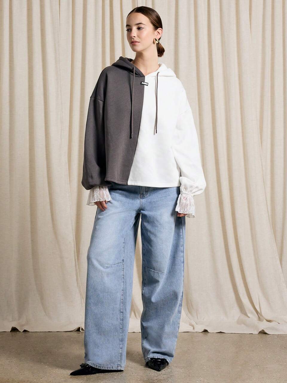 Oversized Colorblock Lace Cuff Hoodie