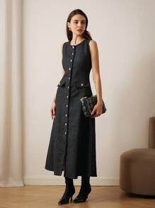 SHEIN Unity French Minimalist Versatile Glamorous Sequin Tweed Fringed Design Button Long Sleeveless Overcoat, Autumn/Winter Holiday Party Clothes  - Black - View 3