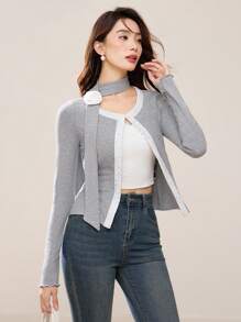 EastFlair Women Solid Color Splice Long Sleeve Casual Top