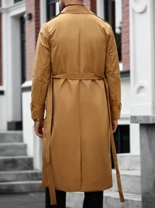 Manfinity Homme 男士休闲翻领双排扣系带长款风衣，适合送给朋友、丈夫、男朋友的礼物 - 卡其色 - 查看 2