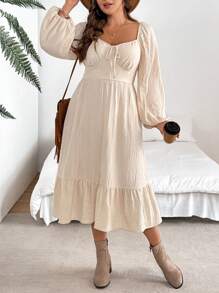 SHEIN VCAY Plus Size Rhinestone V-Neck Front Tie Long Sleeve Casual Dress - Apricot - View 4