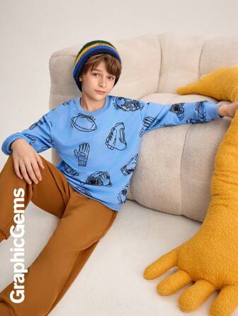 Tween Boys Hockey Printed Crew Neck Long Sleeve Casual Sweatshirt, Autumn/Winter