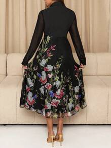SHEIN Clasi Vestido largo elegante de mujer con estampado floral de malla, contraste de manga larga, cintura anudada, vestido de camisa, vestido negro elegante, vestido largo de mujer de manga larga, vestido con botones, atuendo de vacaciones para mujer