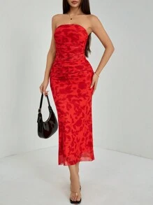 SHEIN PETITE 优雅植物印花垂坠紧身网眼迷你连衣裙