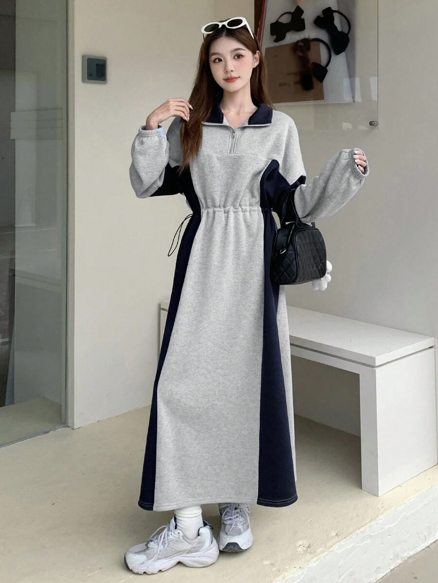 DAZY 女式休闲拼色抽绳腰长裙，秋季连衣裙 - 灰色 - 查看 1