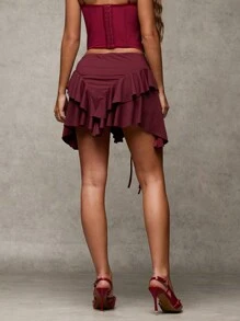 SHEIN BAE Minifalda de mujer de color rojo borgoña sólido con decoración de botón metálico, bajo asimétrico, adecuado para vacaciones, Día de San Valentín, salidas, citas, Año Nuevo