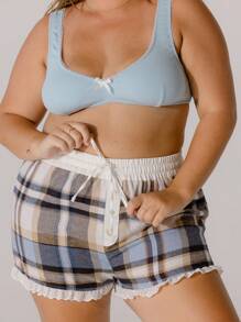 Aralina Curve Cozy Button-Front Ruffle Hem Contrast Flannel Boxer Shorts - Blue - View 7