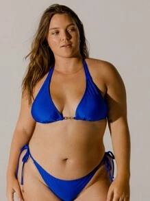 Aralina Plus Size Curve Vibrant Blue Solid Front Gold Trim Detail Halter Neck Triangle Bikini Set With Swim Bag Summer - Blue - View 8