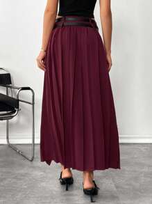 SHEIN Essnce 女士纯色褶皱侧开衩下摆休闲长裙 - 酒紅色 - 查看 5