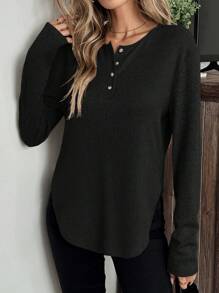 Easowa 女士纯色正面纽扣长袖 T 恤，休闲日常穿着 - 黑色 - 查看 6