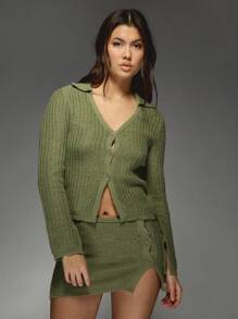 MISSGUIDED Gerippter Strick-Knopfverschluss Cardigan Mini Rock Set Winter Herbst Mode Kragen Pullover Co-Ord Knopfleisten Schlitz Design gemütliches Outfit Weihnachten - Grün - Übersicht 4