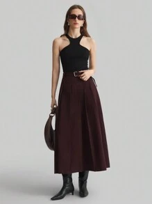 Ontre 女士 100% 羊毛中长 A 字裙，带腰带的红色褶皱中长裙，适合新年 - 酒紅色 - 查看 4