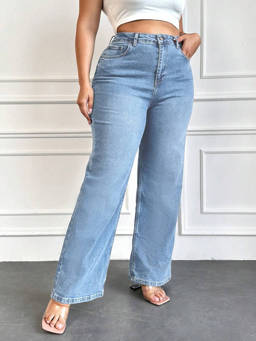 EURMUSE Plus Size  Women's Loose Fit Jeans With Regular Waistline - Dusty Blue - View 1