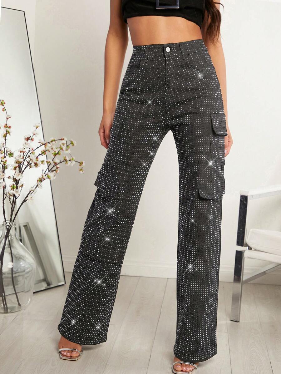 Denimoi Jeans rectos de mezclilla negra con bolsillo con solapa y rhinestones para mujer, pantalones cargo, para salir, fiestas, conciertos country, festivales rave, ropa de club - Gris Oscuro - Ver 1