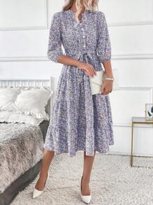 SHEIN Clasi Women's Long Stand Collar Ditsy Floral Dress Maxi Women Outfit