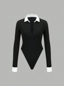 Flirla 黑白撞色翻领半襟拉链长袖修身衬衫，时尚简约女士街头服饰，秋季 - 黑色 - 查看 7