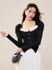 EastFlair Women Elegant Solid Black Christmas Long Sleeve Top, Korean Style Princess Sleeve Asymmetrical Hem Color Block Blouse, Winter/New Year Wear