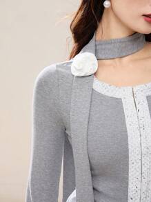 EastFlair Women Solid Color Splice Long Sleeve Casual Top