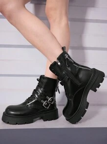 Sugerpunk Women's Buckle Strap Dark Punk Round Toe Flat Heel Punk Black PU Ankle Boots, Everyday Punk Style