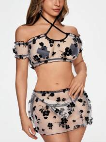 ROMWE Goth 深色花卉印花植绒泡泡袖系带性感内衣套装