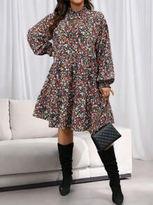 SHEIN LUNE Plus Size Women Ditsy Floral Tie Neck Lantern Sleeve Loose Babydoll Dress, Vacation Style Floral Skirt Dresses For Women Thanksgiving Outfit Women New Years Women Outfit Winter Dresses Winter Clothes Women Rave Outfits