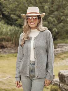 LanaWest 女士田园西式针织开衫，秋冬款 - 灰色 - 查看 4