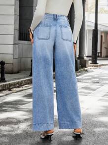 SHEIN Essnce Women's Solid Color Front Button Pocket Casual Versatile Jeans - Blue - View 2