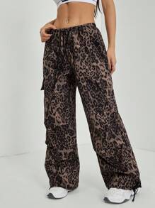 SHEIN PETITE 女士豹纹抽绳腰部降落伞工装裤 - 棕色 - 查看 6