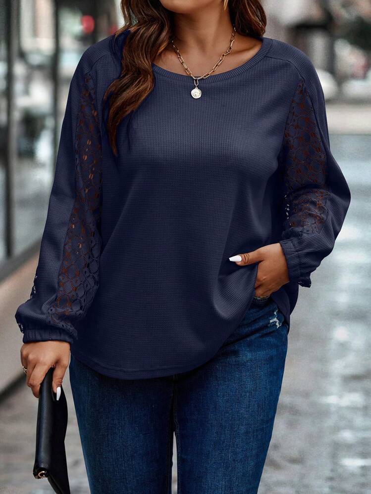 Calvaya Plus Size Autumn Casual Solid Color Lace Patchwork Raglan T-Shirt - Navy Blue - View 4