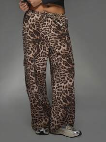 MISSGUIDED Leopard Print Cargo Pants High Waisted Wide Leg Animal Pattern Casual Pants Fall Winter Streetwear Festival Y2K Party Drawstring Waist Bottoms
