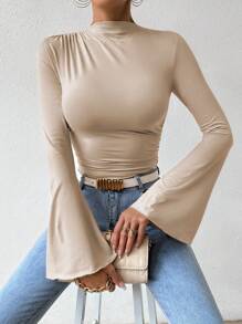 RosyDaze 女士纯色长袖褶皱修身紧身衣，休闲日常穿着 - 杏色 - 查看 4