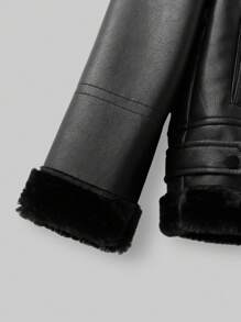 Ontre 青少年女孩宽松休闲 PU 皮革和毛绒领夹克 - 黑色 - 查看 9