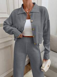 EURMUSE Korean Style Ribbed Polo Collar Knit Cardigan With Metal Buttons, 2pcs Set For Slouchy Chic - Light Grey - View 2