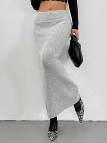 Chiquease Women's Low-Waist Fitted Long Knitted Bodycon Skirt - Grey - View 1