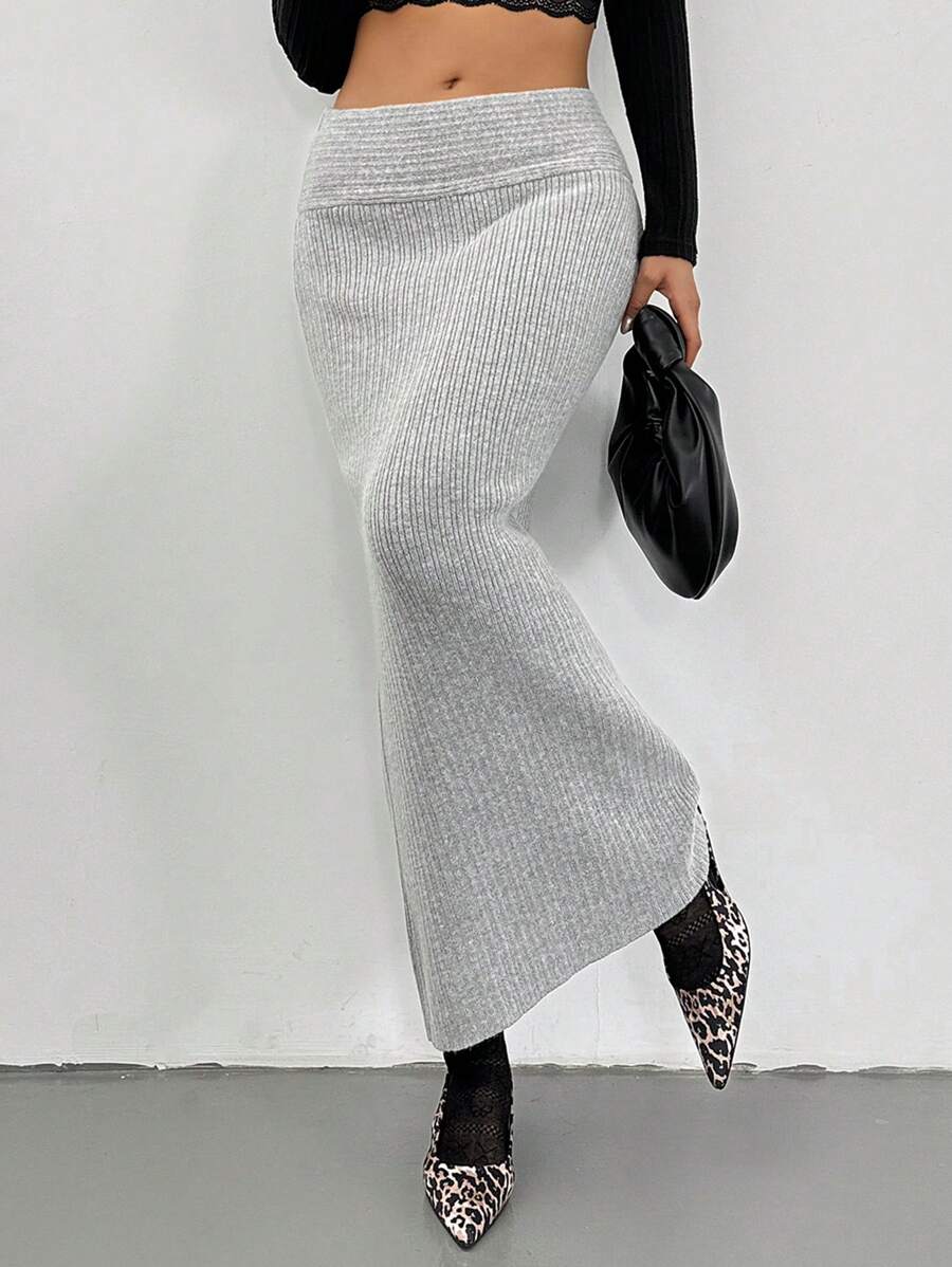 Chiquease Women's Low-Waist Fitted Long Knitted Bodycon Skirt - Grey - View 1