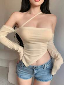 DAZY Women Solid Color Tight Lace-Up Asymmetric Crop Top Long Sleeve Women Tops Off Shoulder Top - Beige - View 3