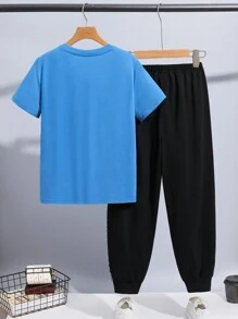 SHEIN 两件套男童休闲纯色字母印花短袖圆领T恤和侧条纹松紧腰带口袋短裤套装，适合春、夏、秋季户外玩耍、上学、街头风、派对和休闲场合，性价比高。 - 藍色 - 查看 2